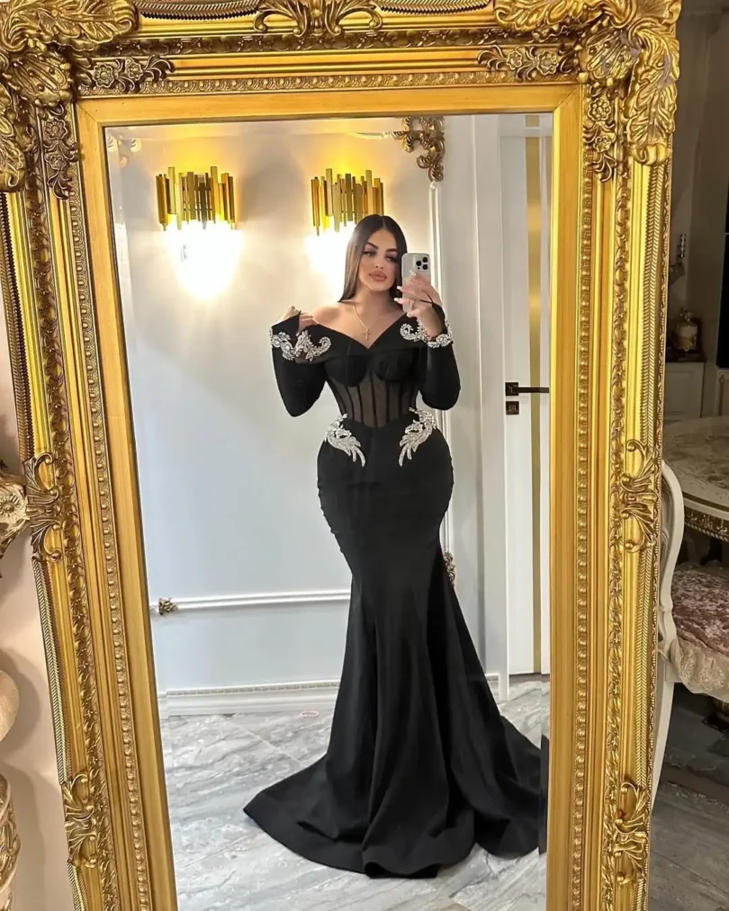 customized Black 3D Flowers Evening Dresses Floor Length Prom Dresses Vestidos De Noches Formal Women Party Gowns - Image 4