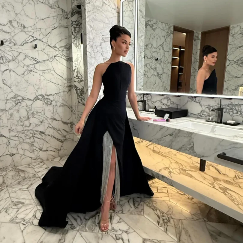 customized Sleevesless Black Prom Dresses Birthday Dubai Saudi Arabic Evening Gowns Slit Floor Length FormalParty Dress - Image 2