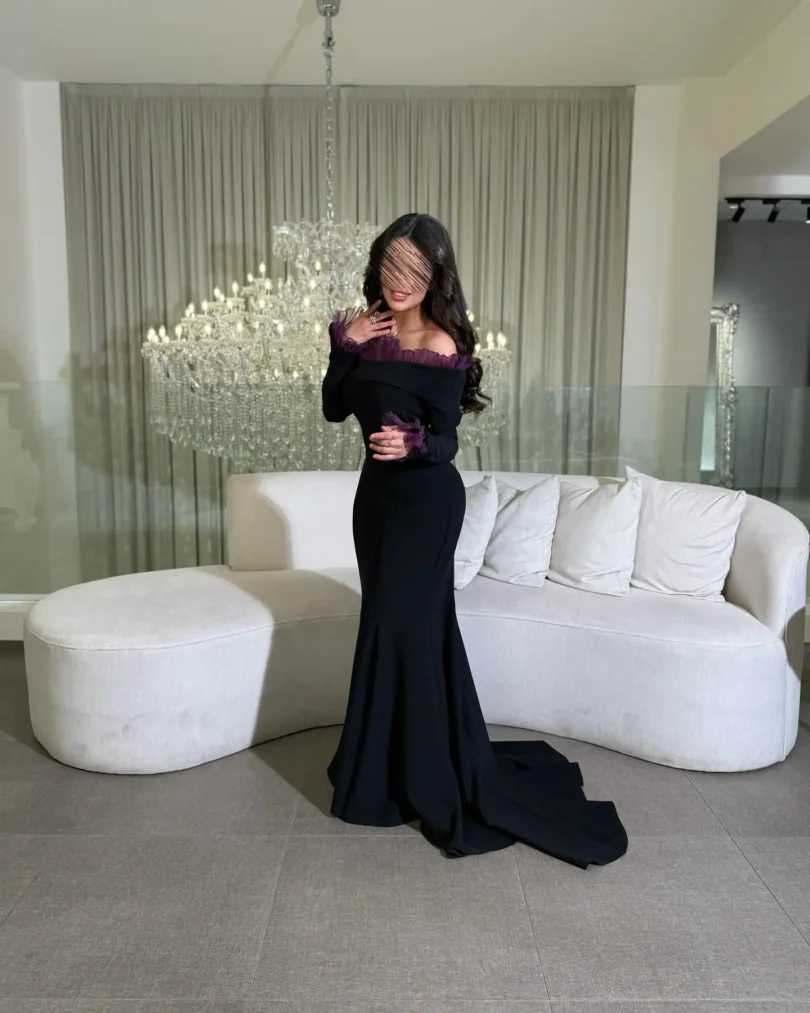 customized Long Sleeves Prom Dresses Birthday Party Dress Slit Black Small Round Flowers Neck Women Formal Evening Dresses - Image 4
