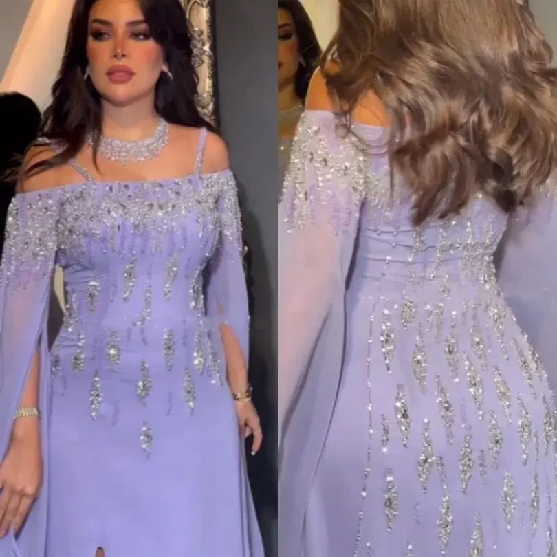 Saudi Arabia Mermaid Prom Dresses lilac Mermaid Cap Sleeve High Split Beaded Luxury Evening Dresses Women Wedding Party Gowns - Image 2