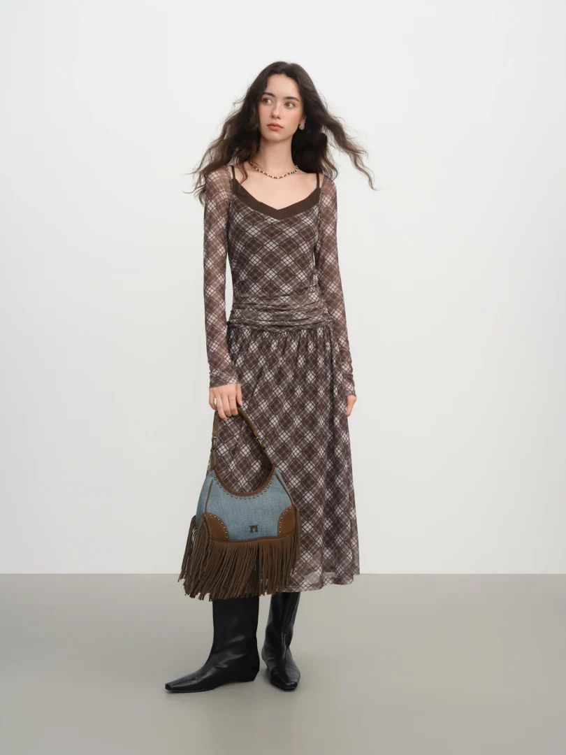 FSLE Elegant Women's Vintage Plaid Pleated Faux Two Piece Slimming Fitted Dress for Winter 2025 New High Waist Travel Dresses - Image 3