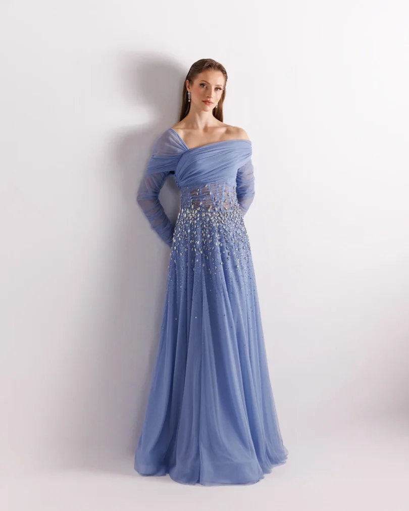customized Prom Dresses Celebrity Evening Dress Mother Gowns Long Sleeves Beads Crap Pleated Floor Length Wedding Party Dresses