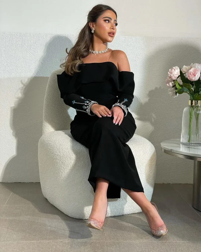customized Strapless Evening Dresses Long Sleeves Prom Dresses Pleated Beadings Ankle Length Back Zipper Party Dresses - Image 4